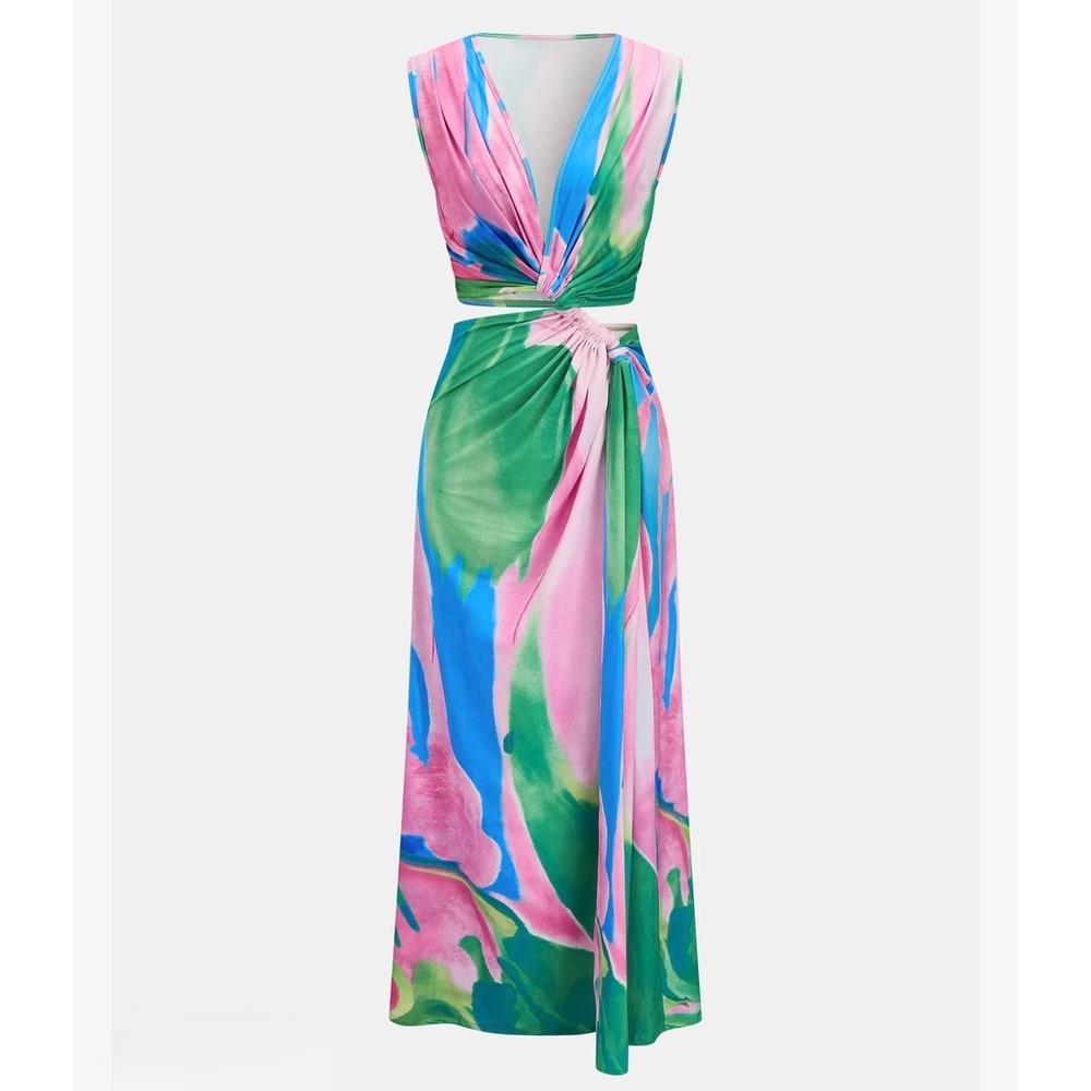 Commense Twist Cutout Tie Dye Maxi Dress Tropical Resortwear Cruise Small NWT